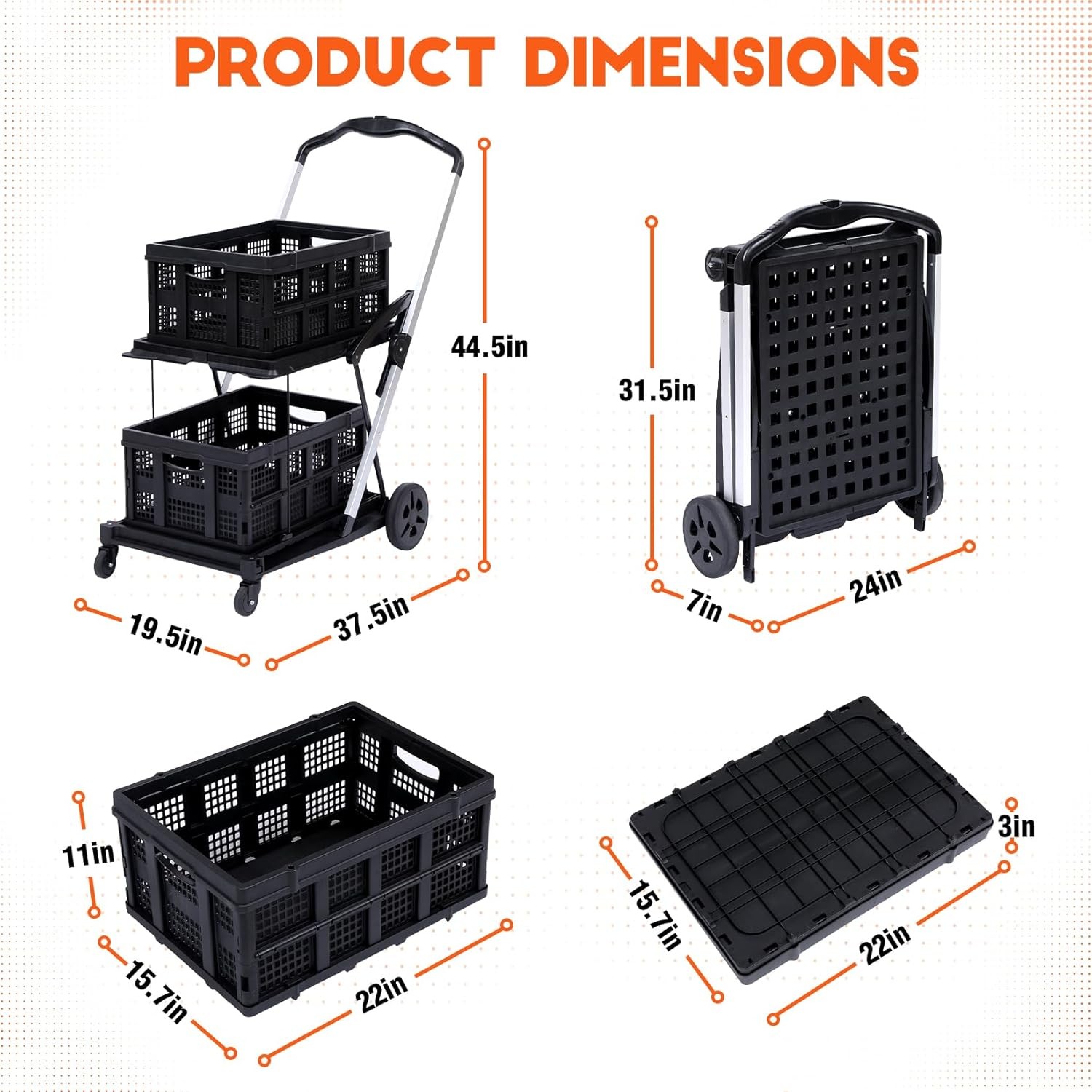 Folding Shopping Cart w/Wheels Collapsible Cart with Storage Crate 2-Layer Black