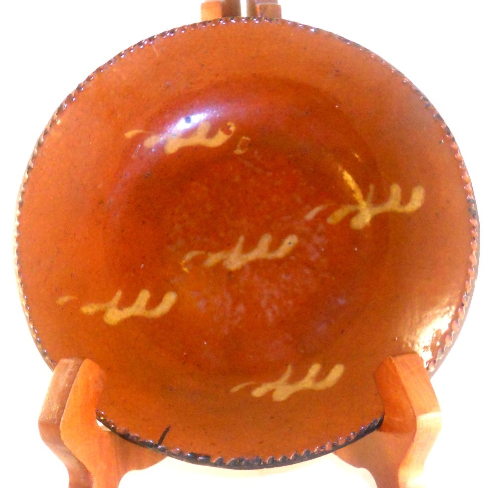 Antique 8.5 Inch Lead Glazed Yellow Slip Decorated Redware Plate Southeastern PA