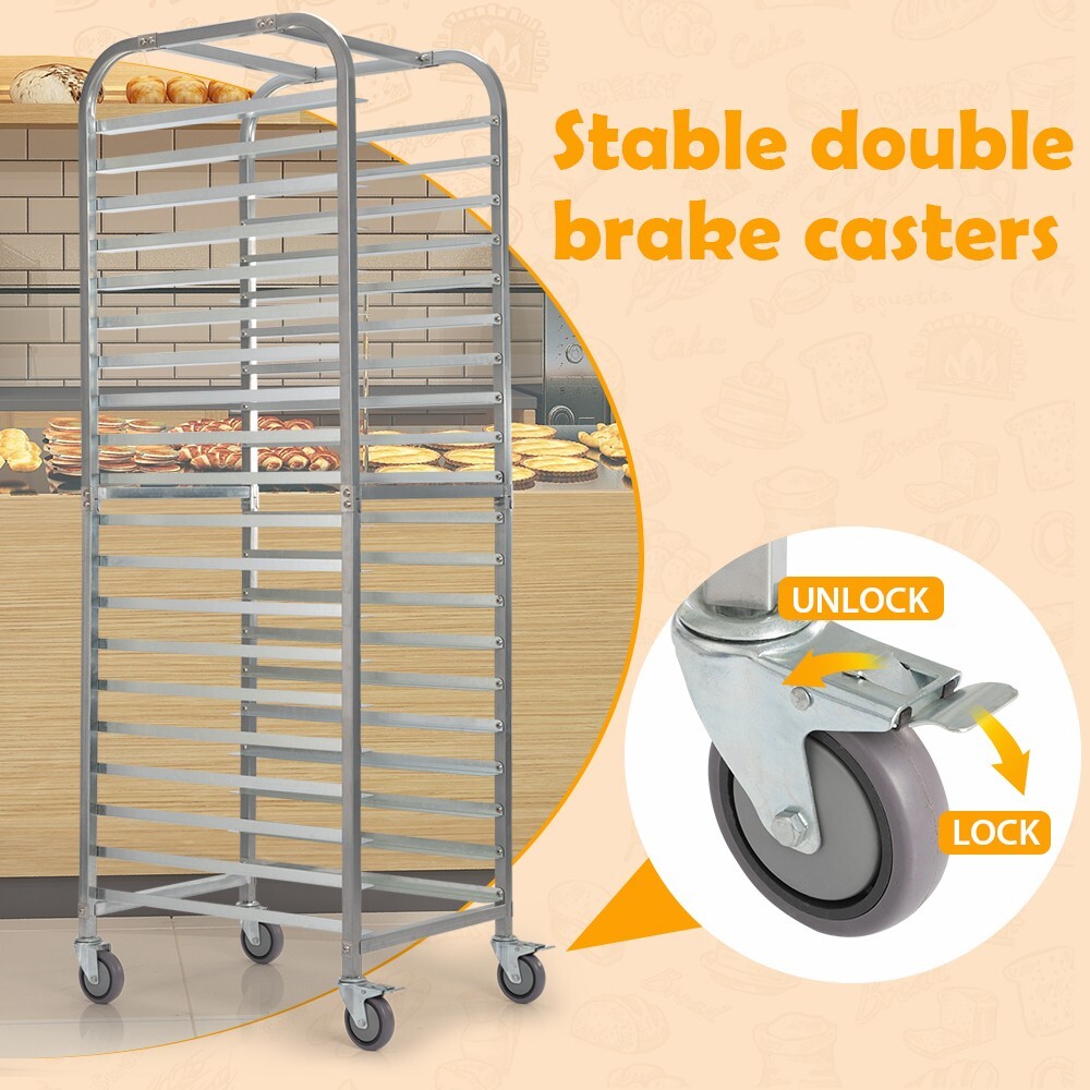 20-Tier Bun Rack Pan Bakery Galvanized Iron Pan Rack with 4 Wheels for Catering