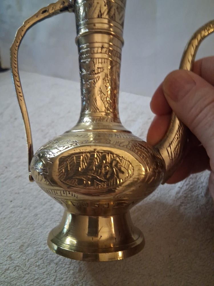 Dallah Brass Pot, Middle Eastern. 7.75" High. Made In Jerusalem.