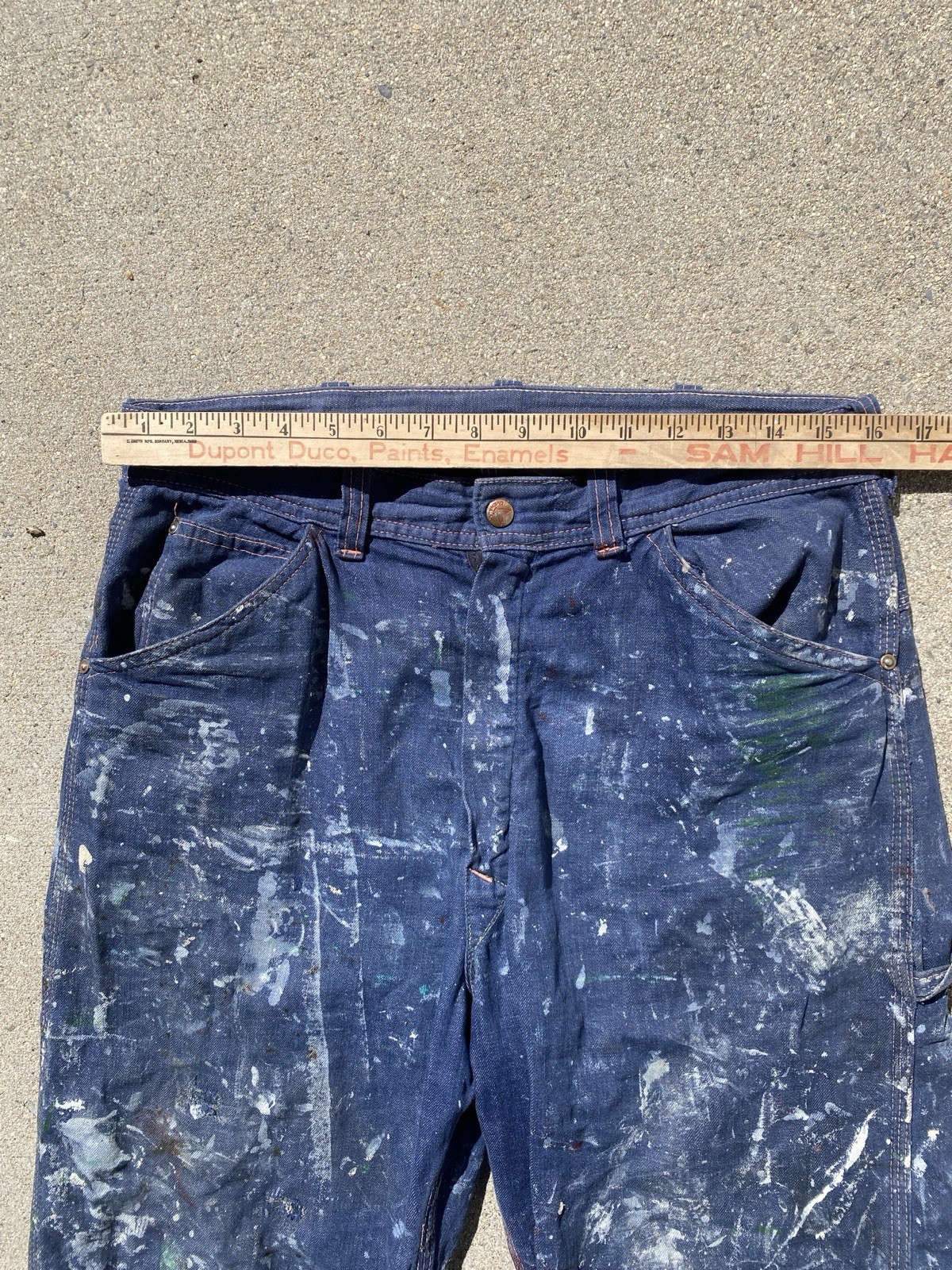 Vintage 60s Paint Splatter Carpenter Pants BLue Thrashed Repaired 32x30 Workwear