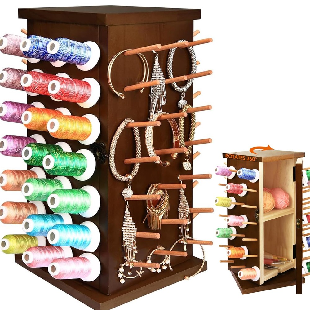 Wooden 84 Spools Thread Rack/Thread Holder Organizer with Inner Storage Compa...