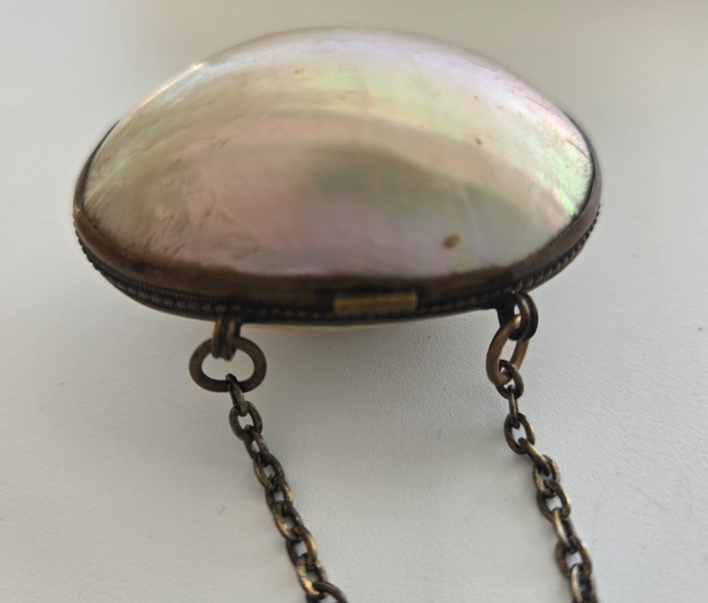 Antique MOP Shell Brass Thimble Holder Chatelaine Chain Figural Silver Thimble