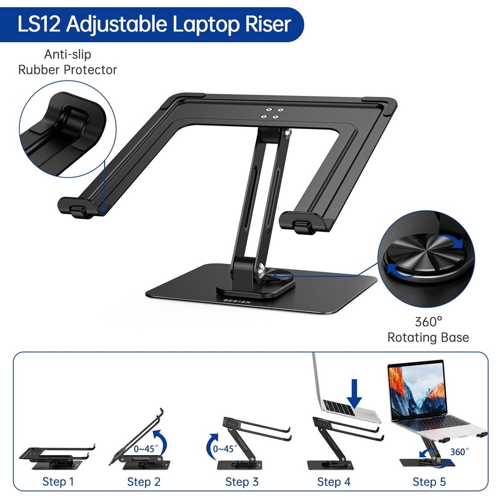 LS12 Laptop Stand with 360° Rotating Base, Ergonomic Adjustable Notebook Hold...