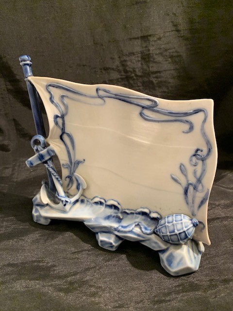 two antique place cards, menu stands maritime theme