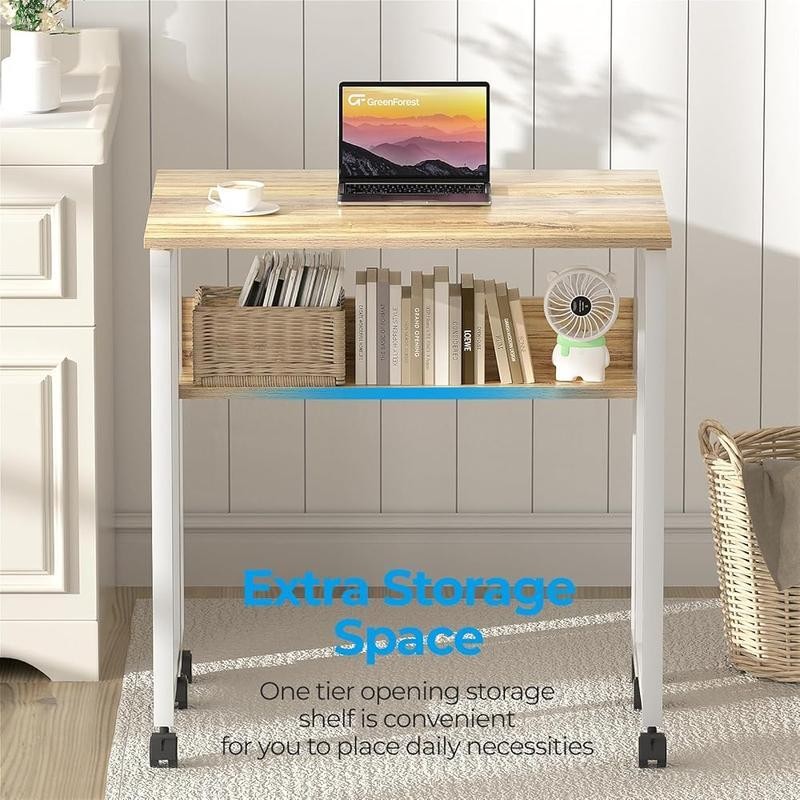 Folding Rolling Desk W/ Storage Shelf Portable Compact Computer Desk Small Space