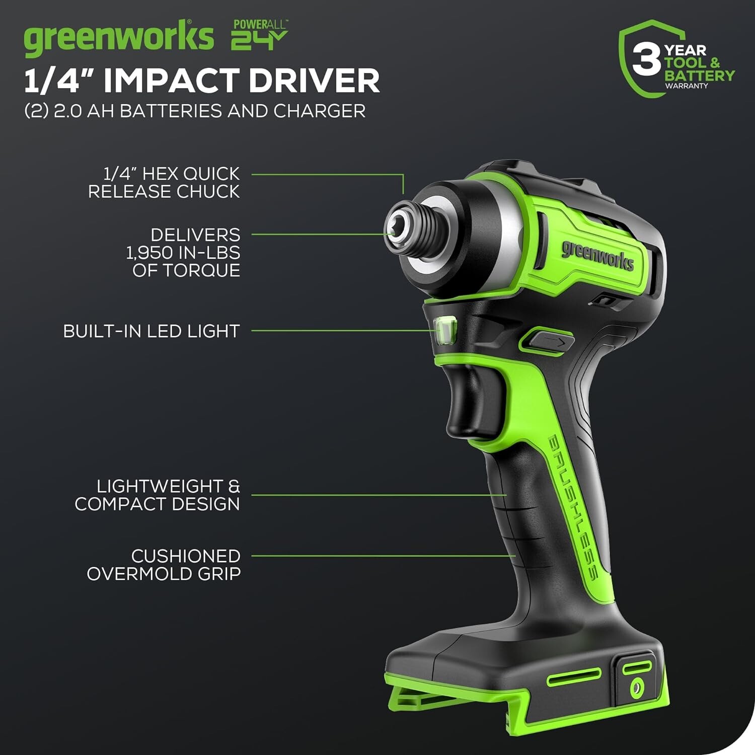 Greenworks 24V Brushless 1/4" Cordless Impact Driver, (2) 2.0Ah Batteries, Comp