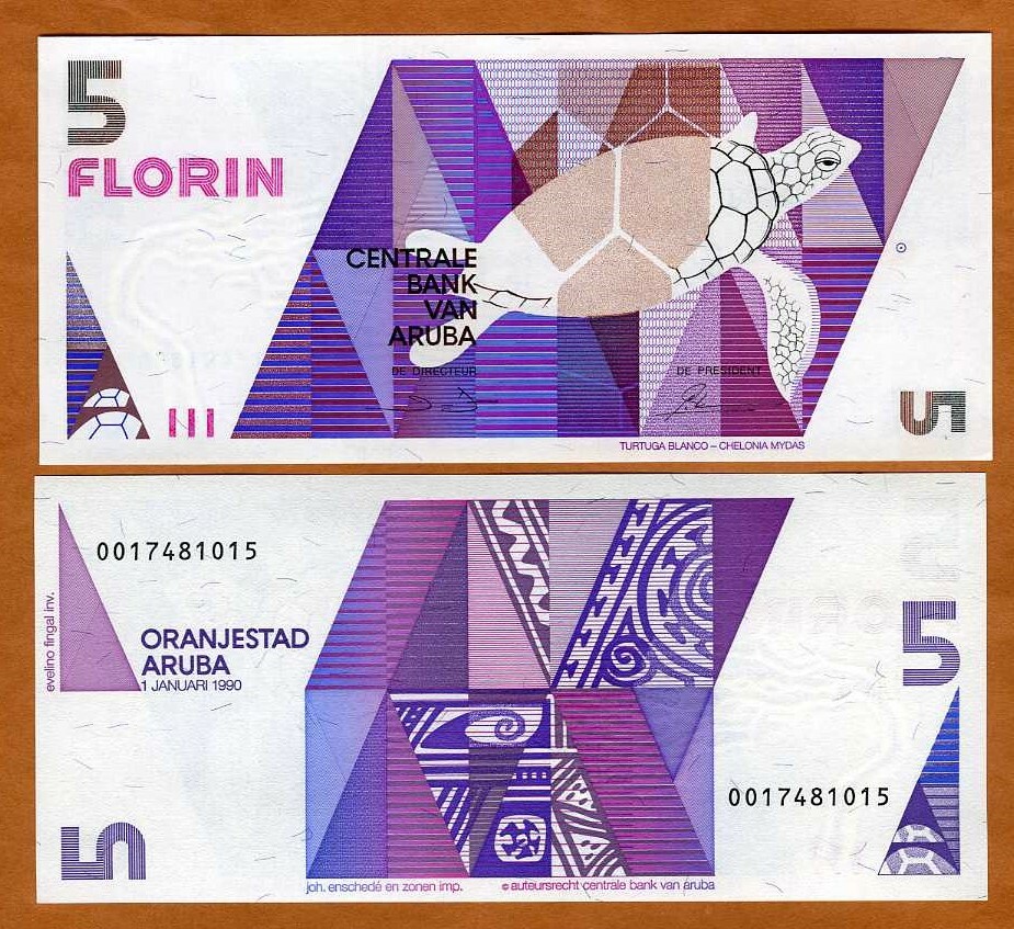 Aruba, 5 florin, 1990, P-6, Gem UNC turtle florin, obsolete denomination