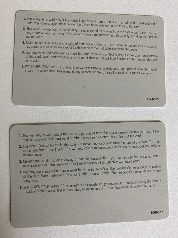 2 EBEL WATCH SILVER OPEN WARRANTY CARDS