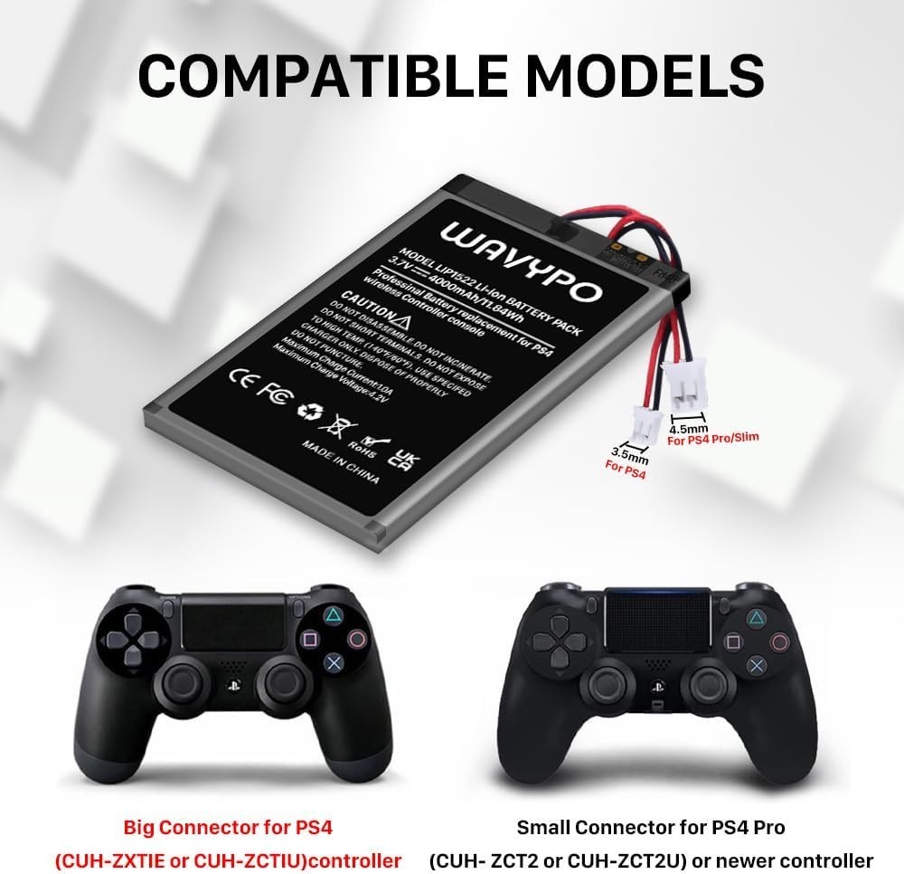 2 Pack 4000mAh PS4 Controller Battery, Replacement for PS4/PS4 Pro/PS4 Slim P..