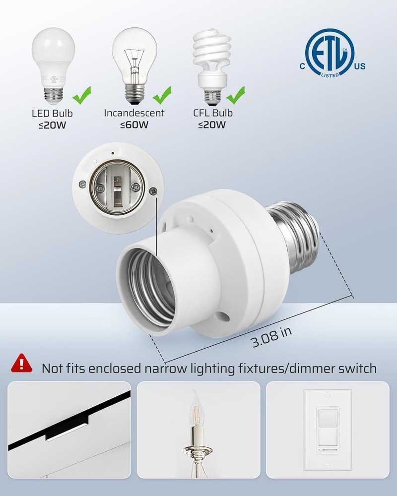 2 Remote + 4 Socket Wireless Light Bulb Socket Switch Kit, ETL Listed