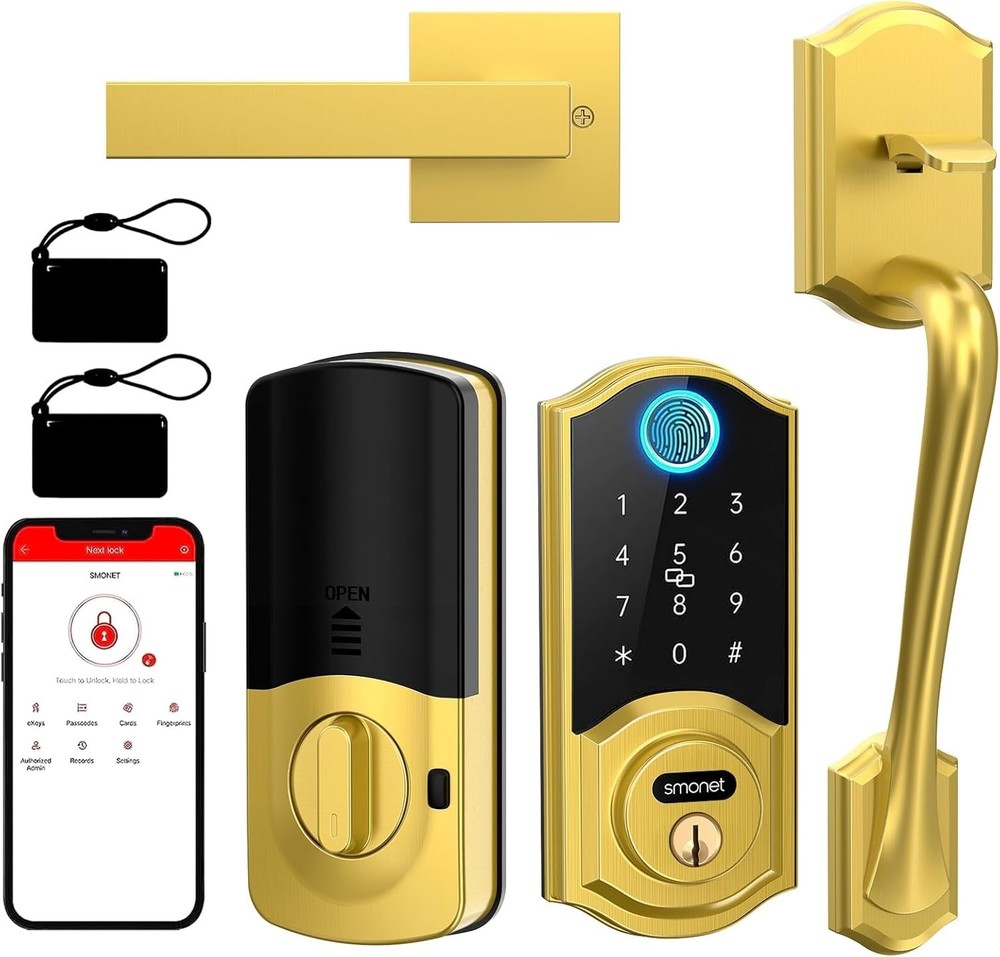 SMONET Smart Front Door Lock Set with Handle Fingerprint Keyless Keypad Deadbolt