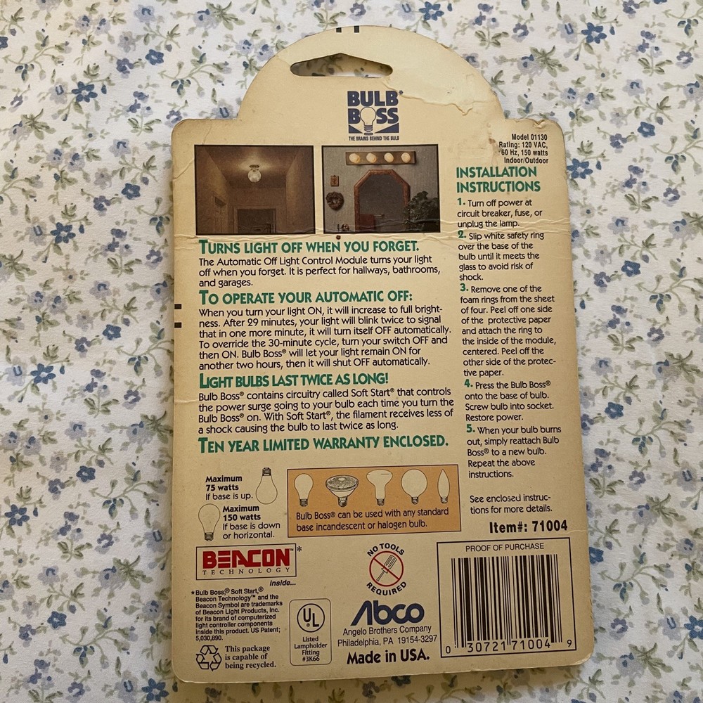 ABCO Beacon 30 Minutes Automatic Off Incandescent Light Bulb Control Button USA