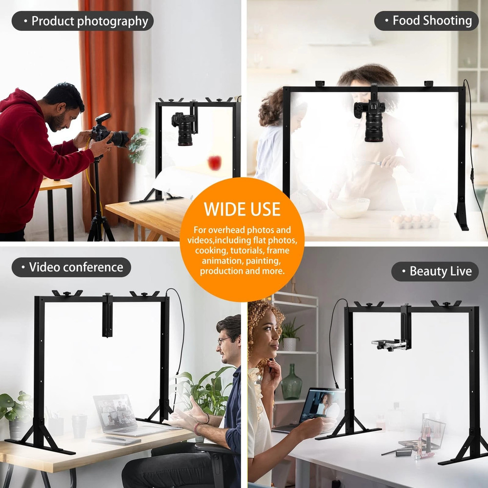 Overhead Camera Mount with Light LED 5600K Continuous -Top-Down Shooting Stand
