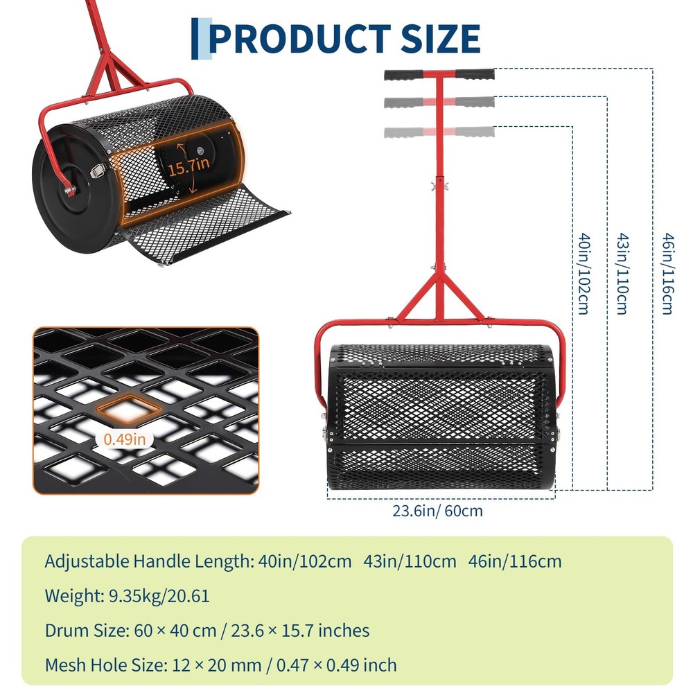 Peat Moss Spreader 24" Compost Spreader with T Shaped Handle 3 Height Adjustable