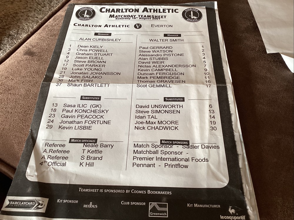 Everton official team sheets x 5 (1999-2001)