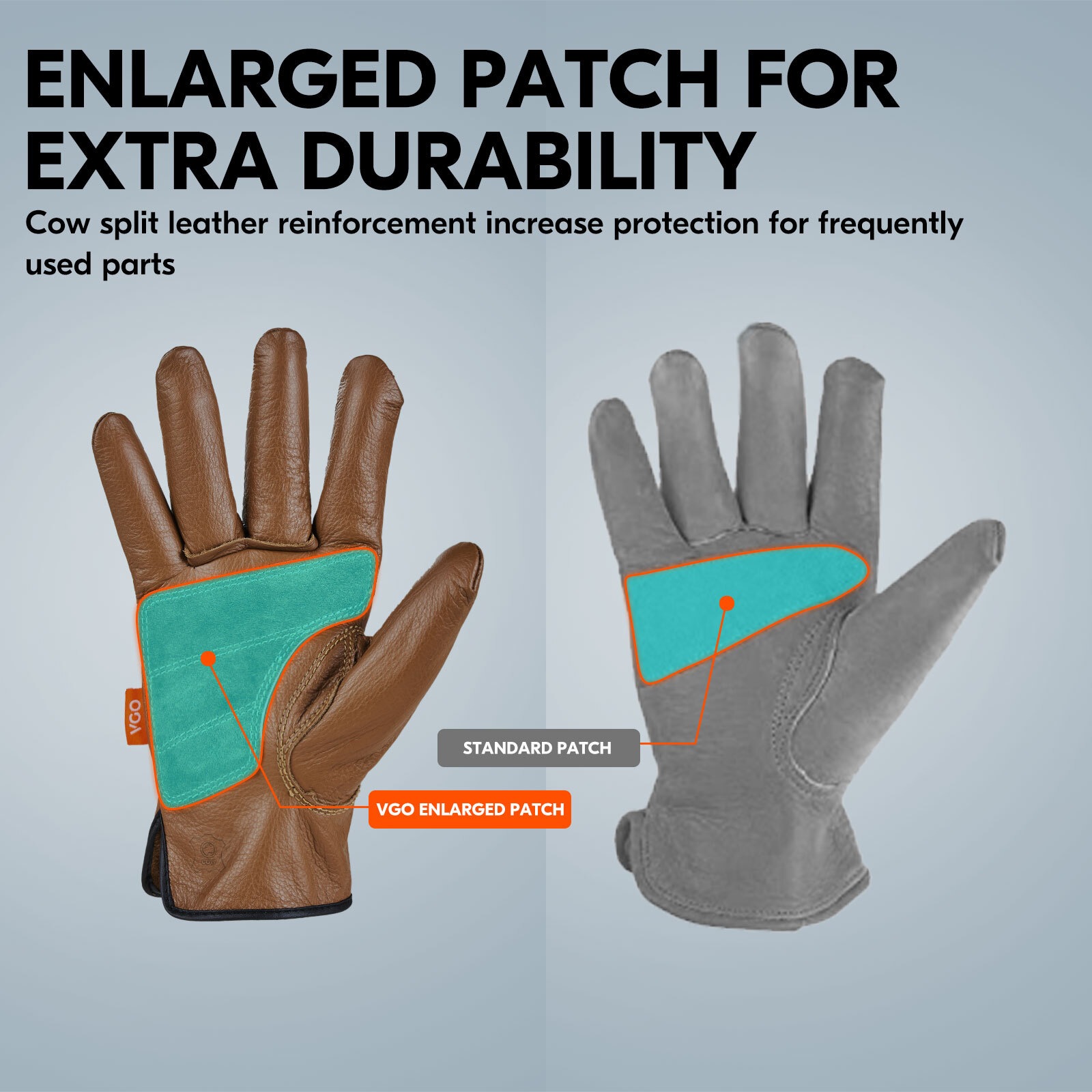 Vgo 1Pair Unlined Cow Leather Work Glove ,Water Resitant Palm Patched (CA9597WP)