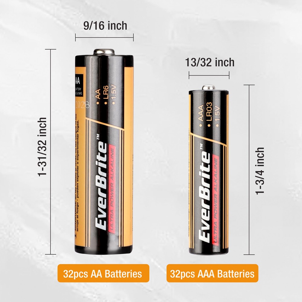 EverBrite 64PCS Alkaline Battery Pack 32PACK AAA/32PACK AA Alkaline Battery PACK