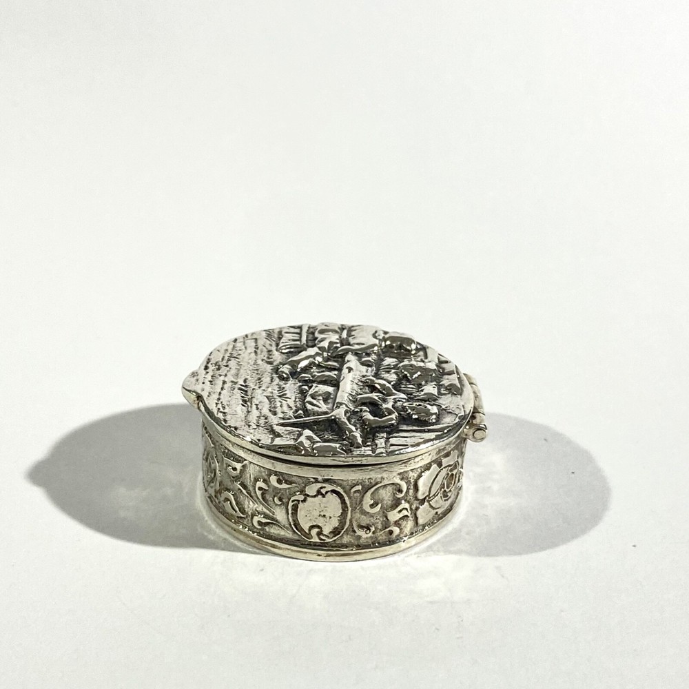 Vintage Solid Silver Italian Pillbox , Hallmarked with domestic scene