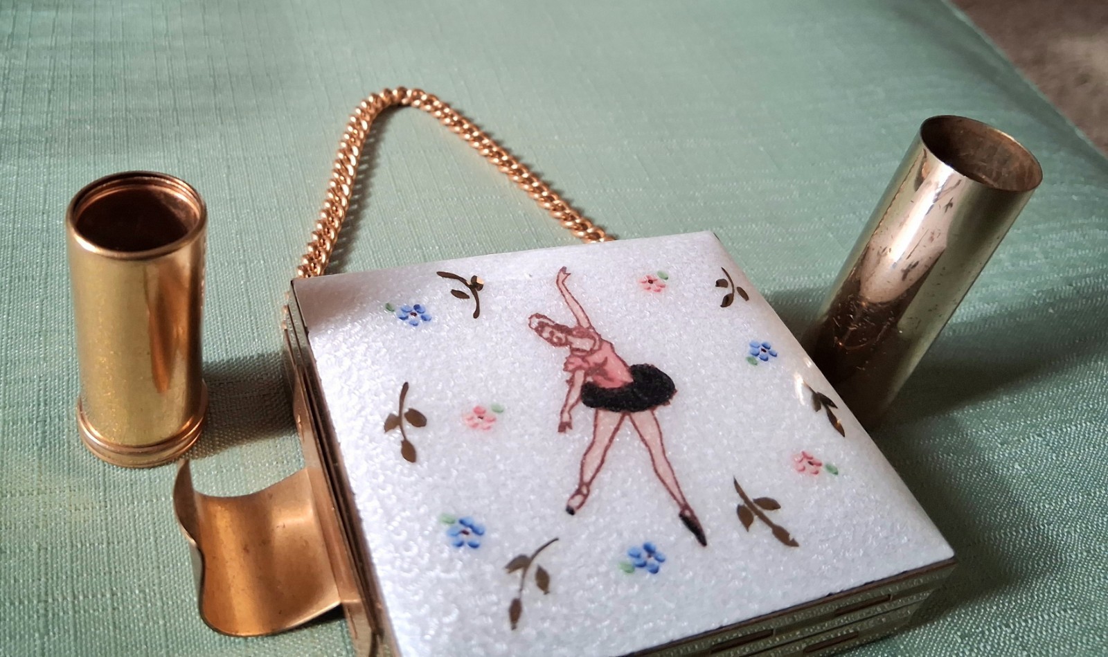 Vintage Guilloche Ballerina Double Lipstick Cigarette Make Up Compact Purse