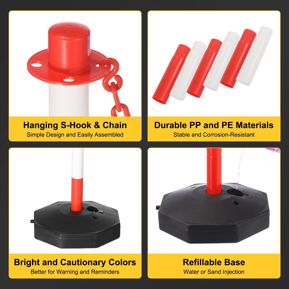 2Pcs Traffic Delineator Post Fillable Base 5ft Plastic Chain Red/White