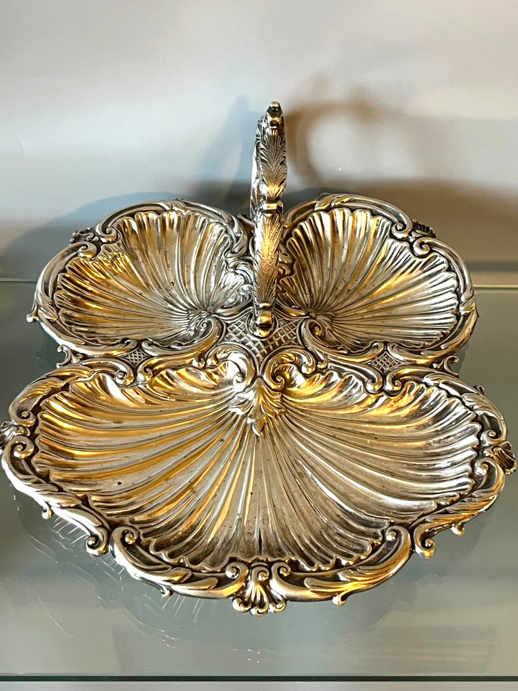Antique Silver Plate Triple Shell Footed Serving Tray