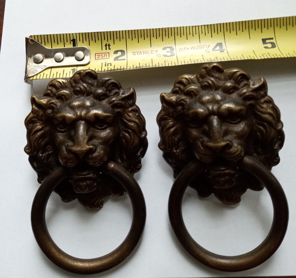 2 Brass Lion Head Dresser Pulls