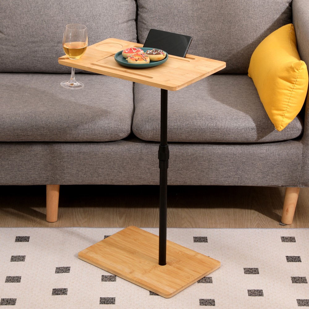 Bamboo Couch Tray Table Height Adjustable C-Shaped End Table with Slots 2 Tier