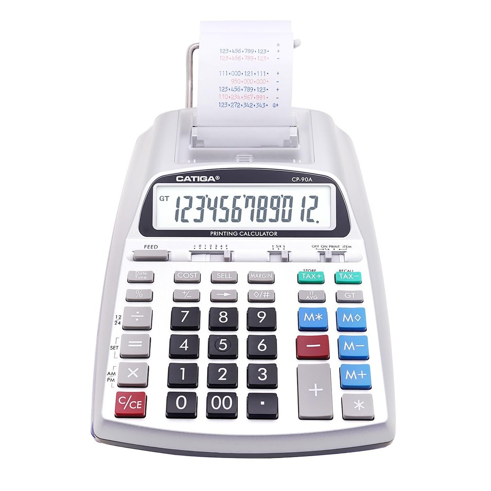 Silver Pro Adding Machine with Printer Clear Display Dual Power Sources