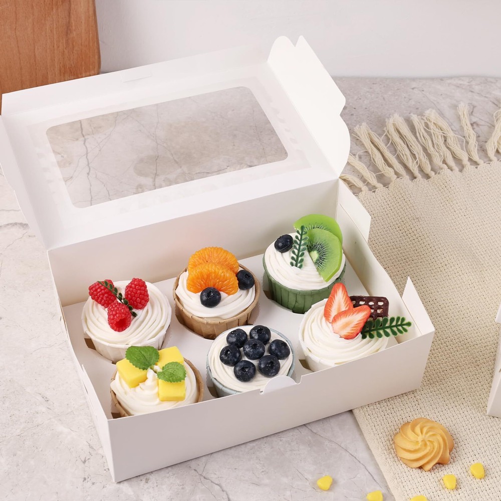 6PCS White Cupcake Containers Cupcake Carrier 6 Count with Window Boxes Holdi...