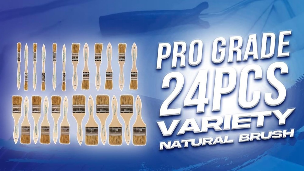 Versatile 24-Piece Paint Brush Set with Solid Wood Handles & Flat Bristles