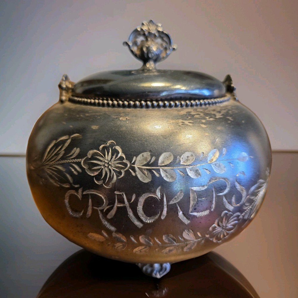 Antique Cracker Jar Quadruple Silverplate With Handle Victorian Etched