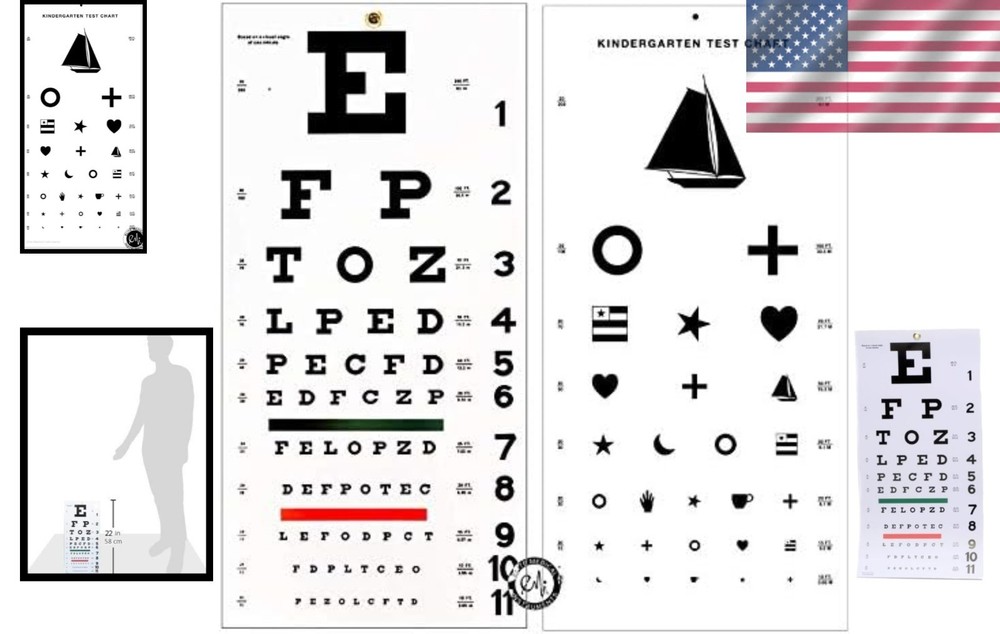 Visual Acuity Charts - 2-Pack Snellen & Kindergarten Eye Charts, 20ft Usage