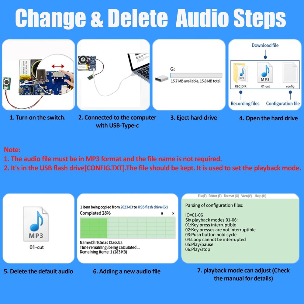 XLW Module - 16MB Push Button Activated Sound 2.6*2.24*0.2, Blue-2PCS