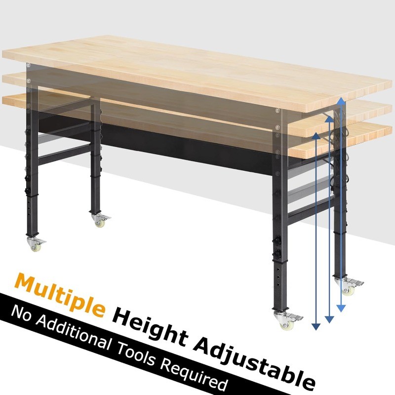 60" Adjustable Work Bench Rubber Wood Top Workbench Heavy-Duty Work Table