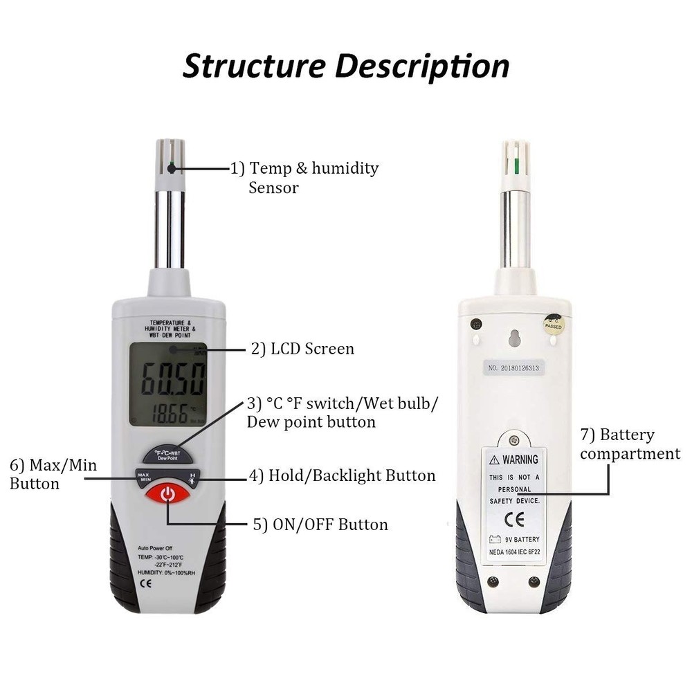 Digital Psychrometer - Handheld Backlight Temperature Humidity Meter W Dew Point