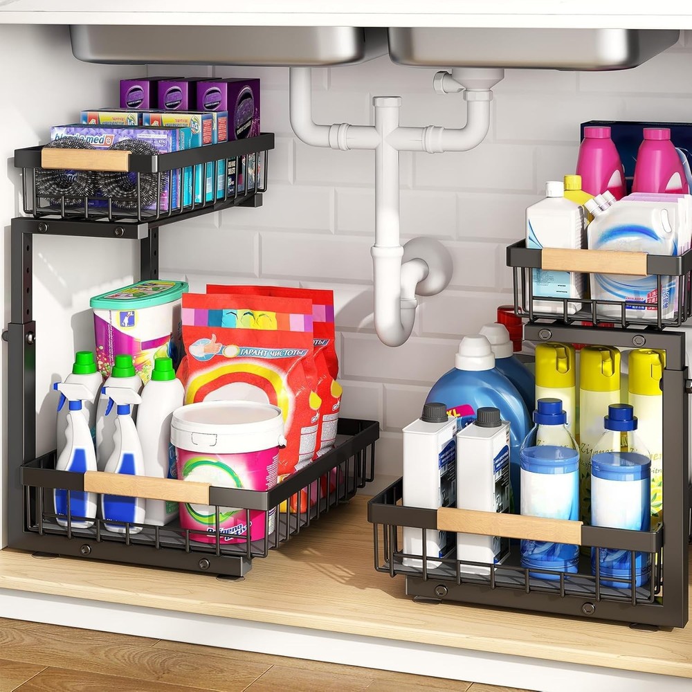 Under Sink Organizer Adjustable Height 2 Tier Pull Out Under Organizer Cabinet
