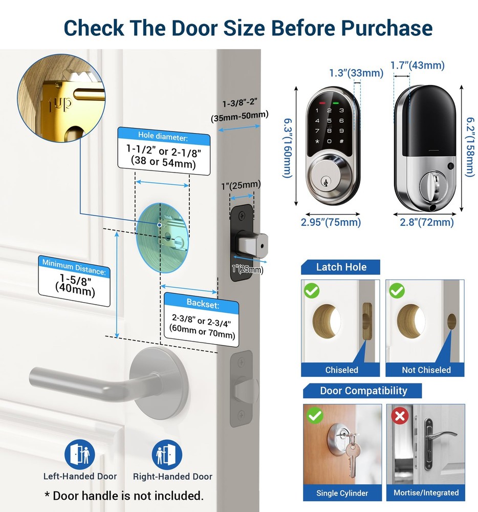 Veise RZ06 Smart Lock for Front Door with App Control, Keyless Entry, Electronic