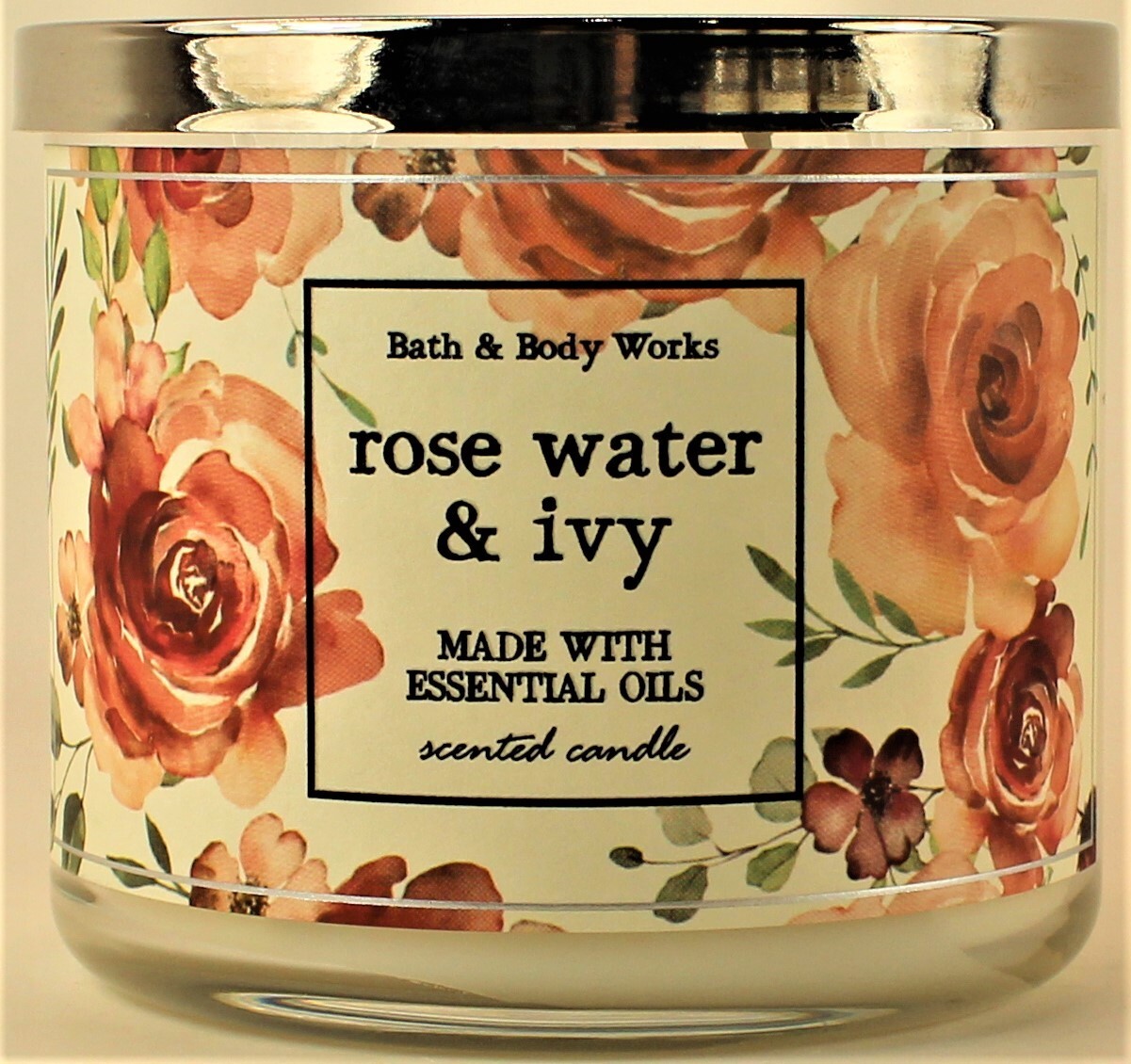 Bath & Body Works White Barn ROSE WATER & IVY 3 Wick 14.5 Oz Scented Candle