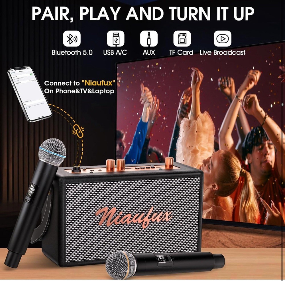Retro Karaoke Machine with Two Wireless Microphones, Portable Bluetooth Speaker