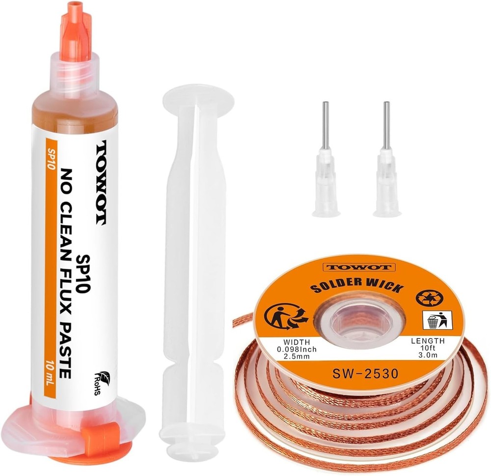 Professional 10ft Solder Wick & 10cc Flux Paste - Low Residue Electronics Kit