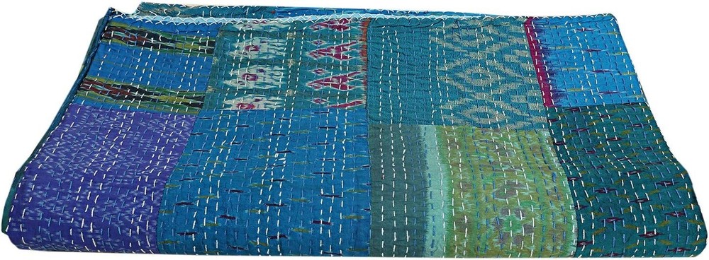 indian handmade kantha Quilt Patola Silk Patchwork Bedspread Blanket