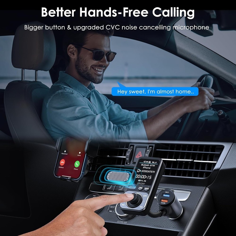 Bluetooth 5.0 FM Transmitter with 1.8'' LCD - Fast Charging & Hands-Free Calling
