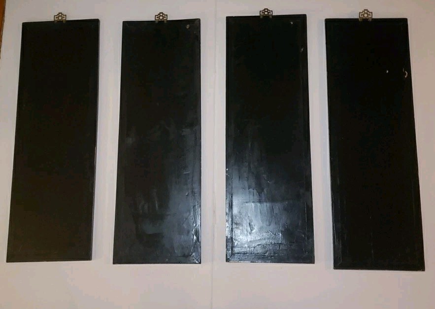 Vintage MCM 4-Panel Mother of Pearl/Black Lacquer Asian Art Wall Panels 36"x12"