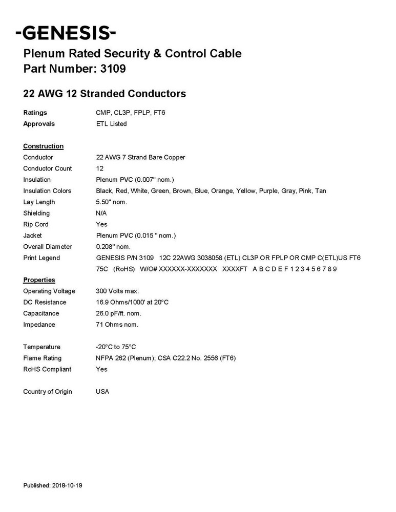 Honeywell Genesis 3109 22/12C Stranded Security/Control Cable Plenum White /50ft
