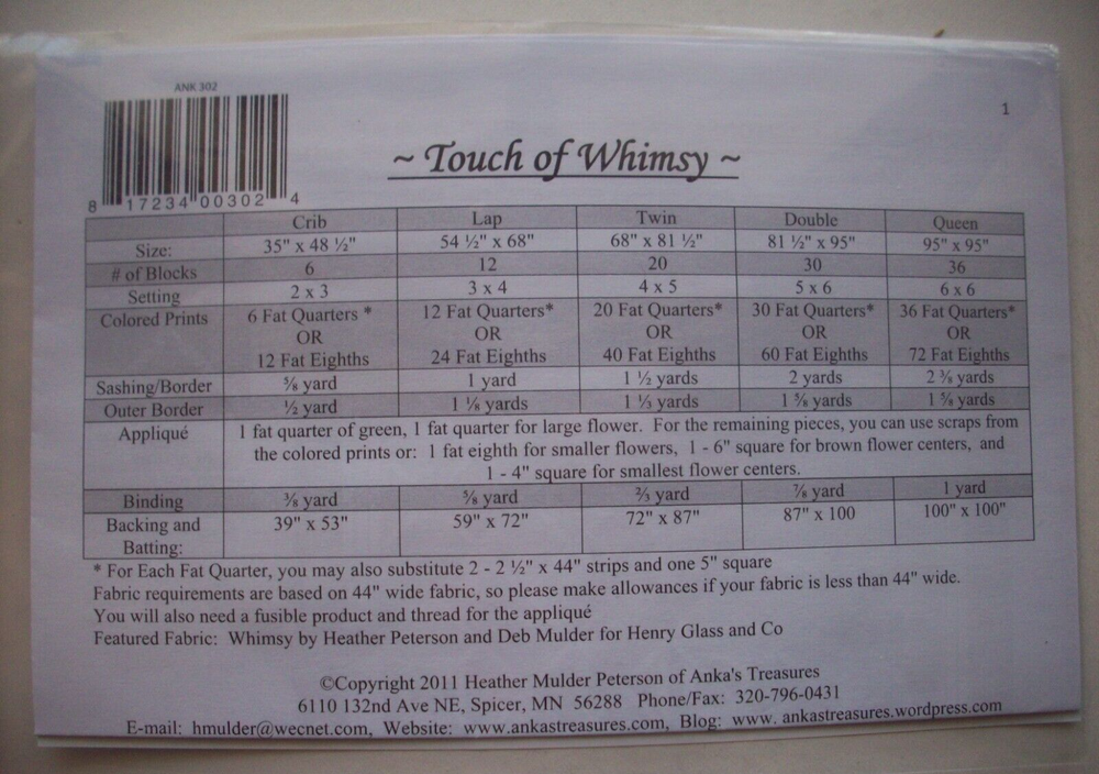 Touch of Whimsy quilt pattern *J