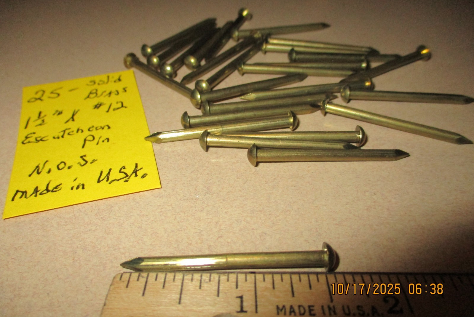 25-NICE VINTAGE, 1 1/2" X #12 SOLID BRASS ESCUTCHEON PINS NAILS, ROUND DOME HEAD