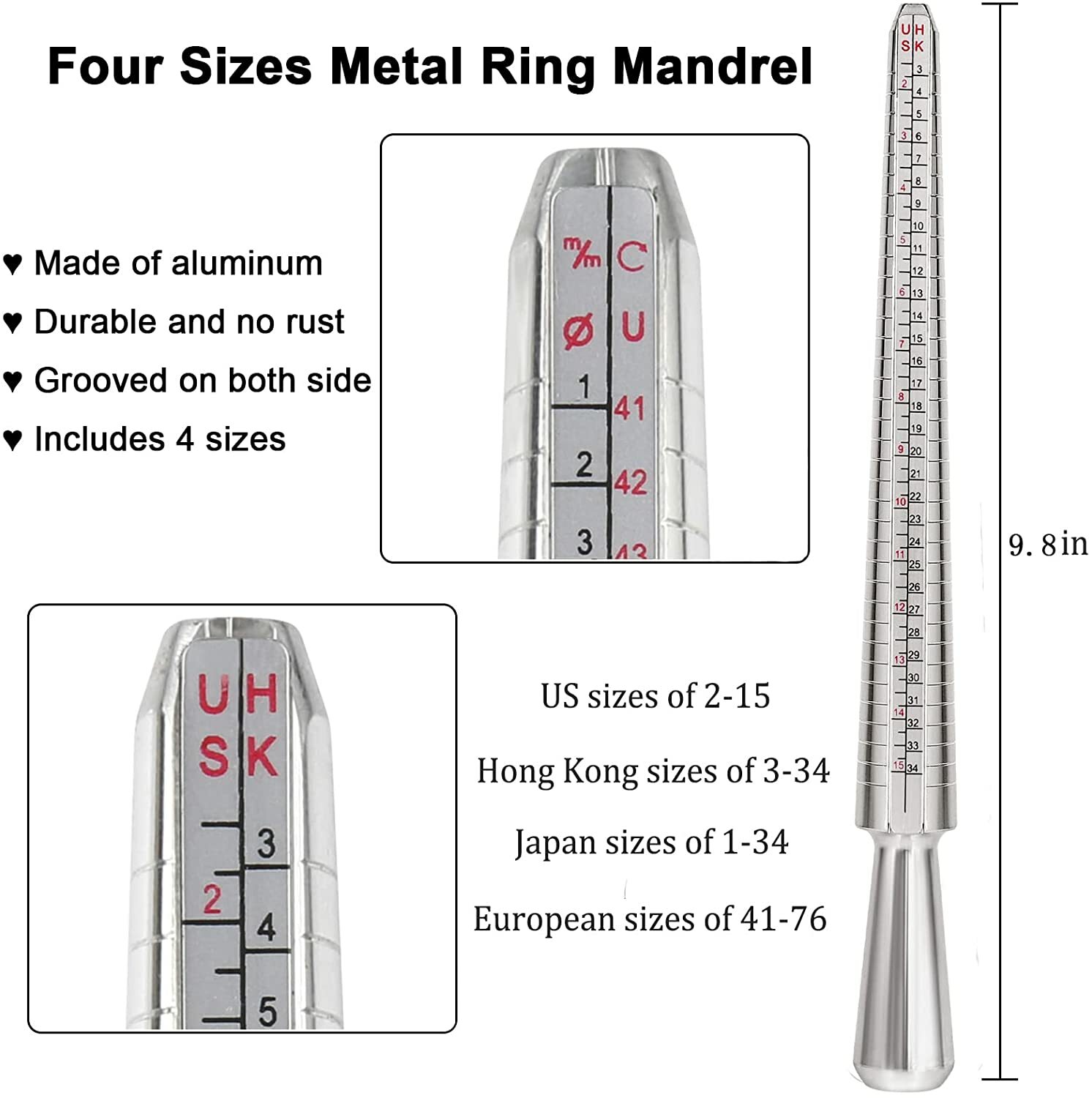 Metal Finger Gauge Mandrel Finger Sizing Ring Sizer Set Band 1-15 Measuring Size