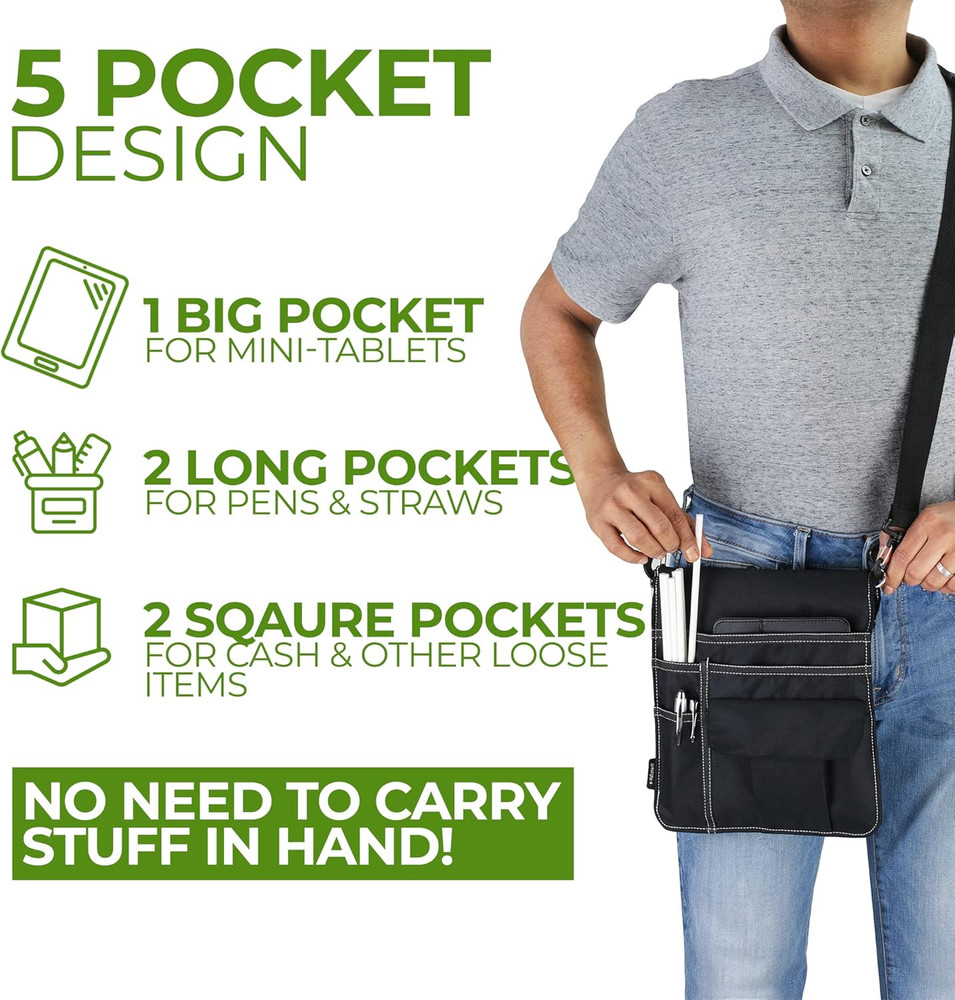 Waitress Apron with 5 Pockets - Black Server Apron with Adjustable/Removable Wai