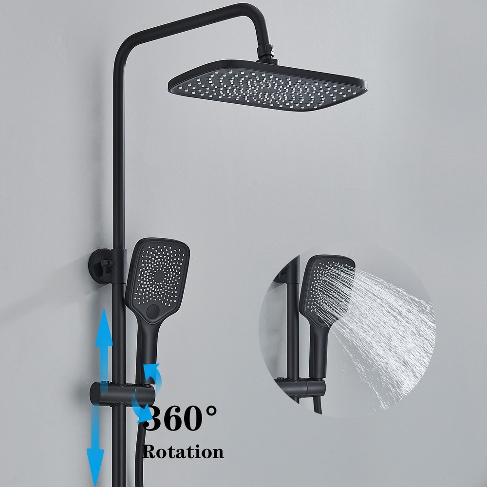 Black 4Key Adjustable Height Shower Faucet System Rain Head Combo w/Temp Display